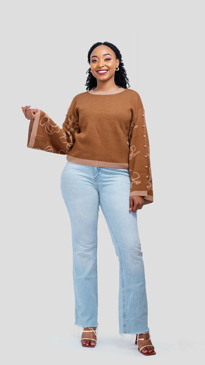 The Fashion Frenzy Flared Sleeves Pullover Sweater - Brown - Shopzetu