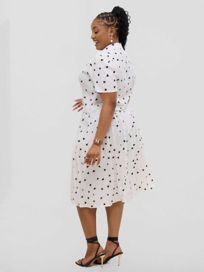 Hessed Short Sleeved Pleated Buttoned Wrap Dress - White / Black - Shopzetu