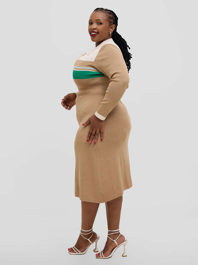 Hessed Long - Sleeve Half - Buttoned Midi Sweater Dress - Beige - Shopzetu