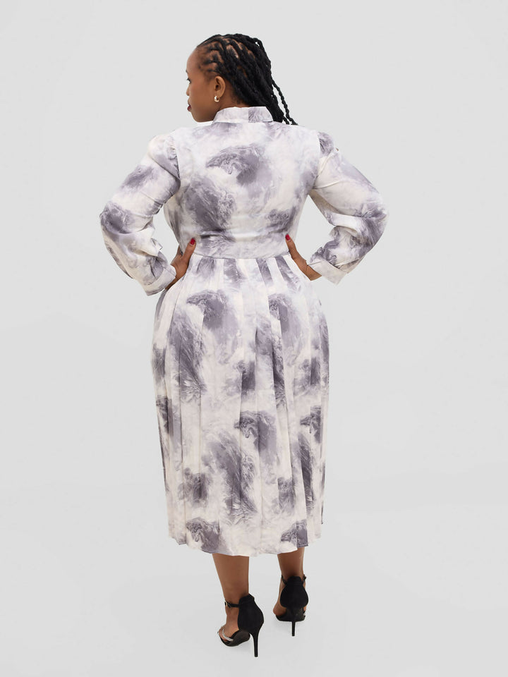 Hessed Tie Neck floral pleated Long Sleeve Dress - Black - Shopzetu