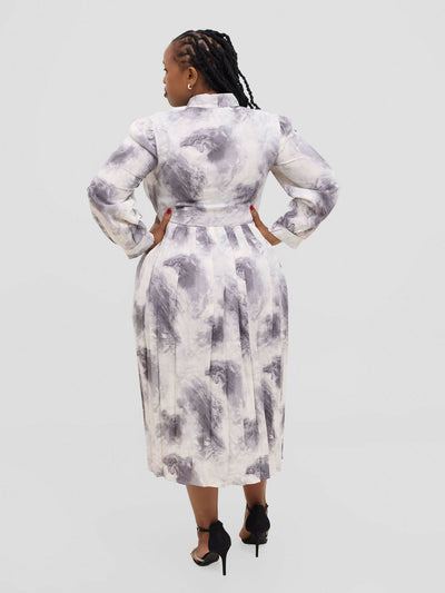 Hessed Tie Neck floral pleated Long Sleeve Dress - Black - Shopzetu