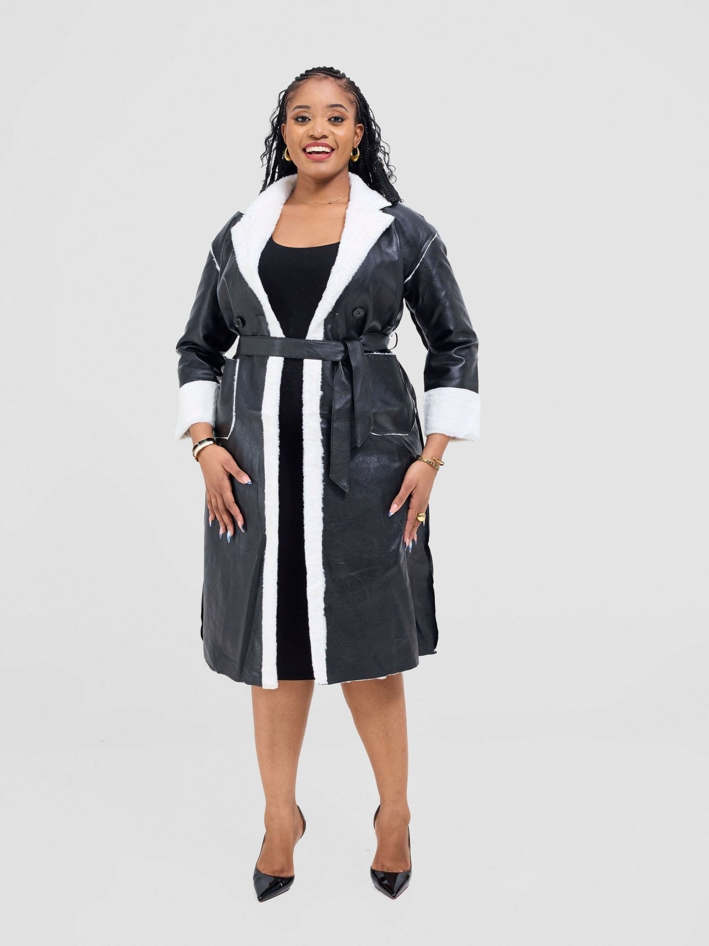 Stylish Sisters Leather Trench Coat With Fur Jacket - Black - Shopzetu