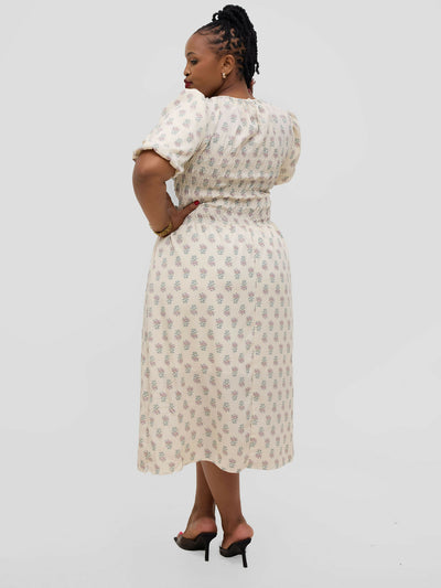 Hessed Floral Puff Short Sleeve A Line Round Neck Dress - Cream - Shopzetu