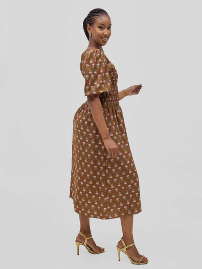 Hessed Floral Puff Short Sleeve A Line Round Neck Dress - Brown - Shopzetu