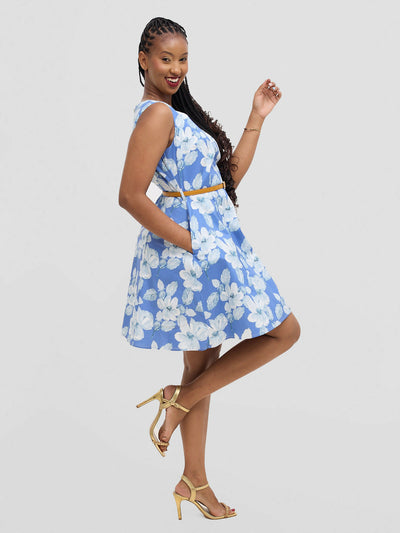 The Fashion Frenzy Belted Floral Skater Dress - Blue - Shopzetu