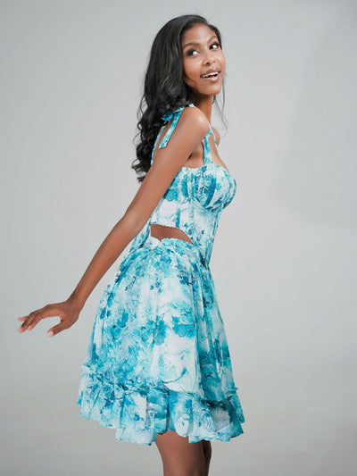Misstcal Backless Lace Up Adjustable Chiffon Corset Set - Blue Print - Shopzetu