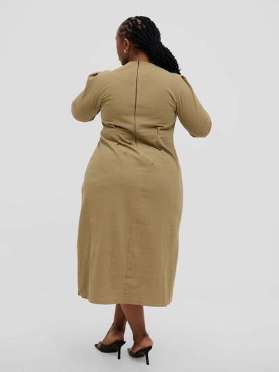 Hessed Long Sleeved Buttoned Dress - Khaki - Shopzetu