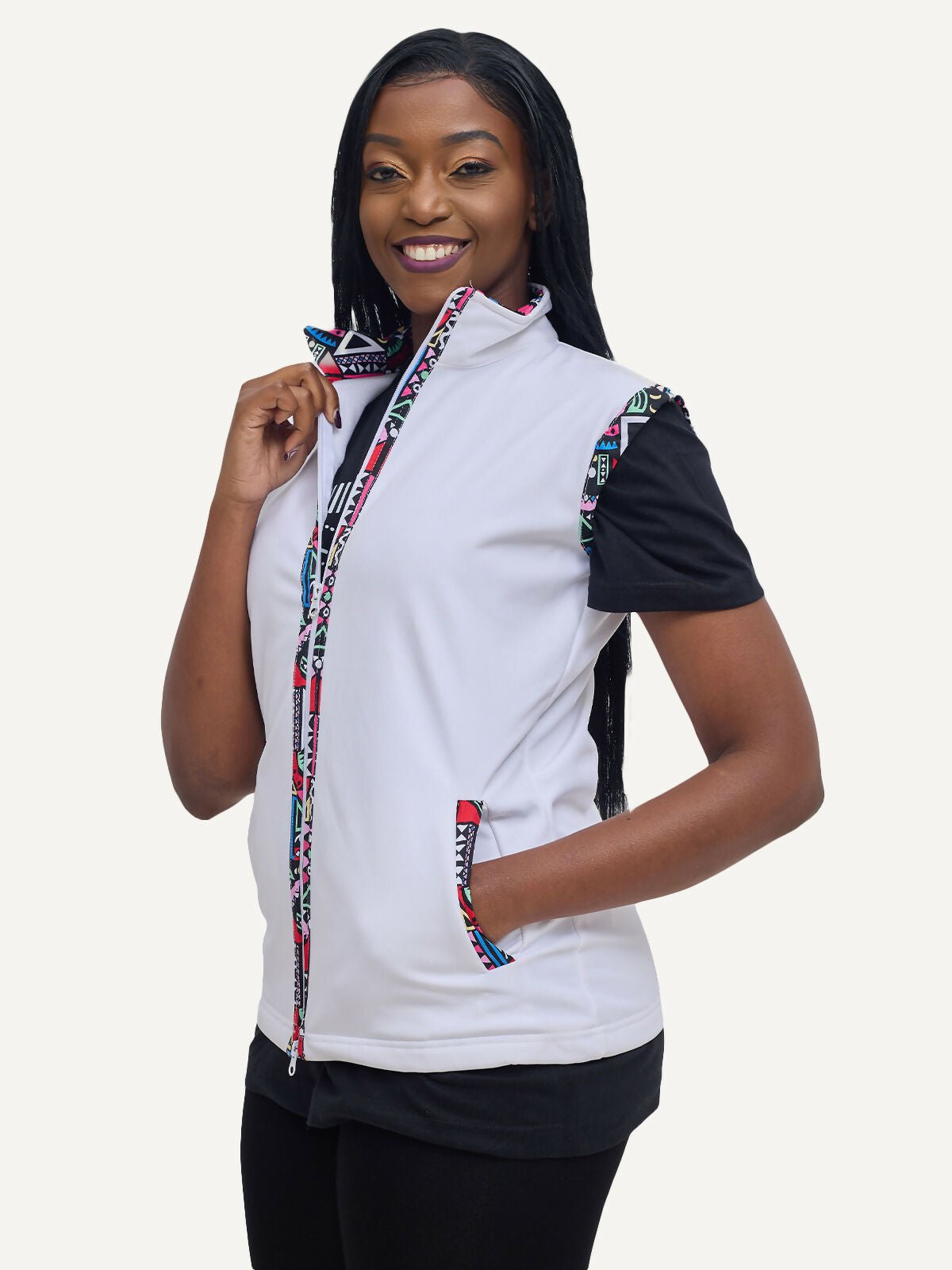 Kitu Kali Ladies Softshell Sleeveless Jacket - White / Pink Tribal - Shopzetu