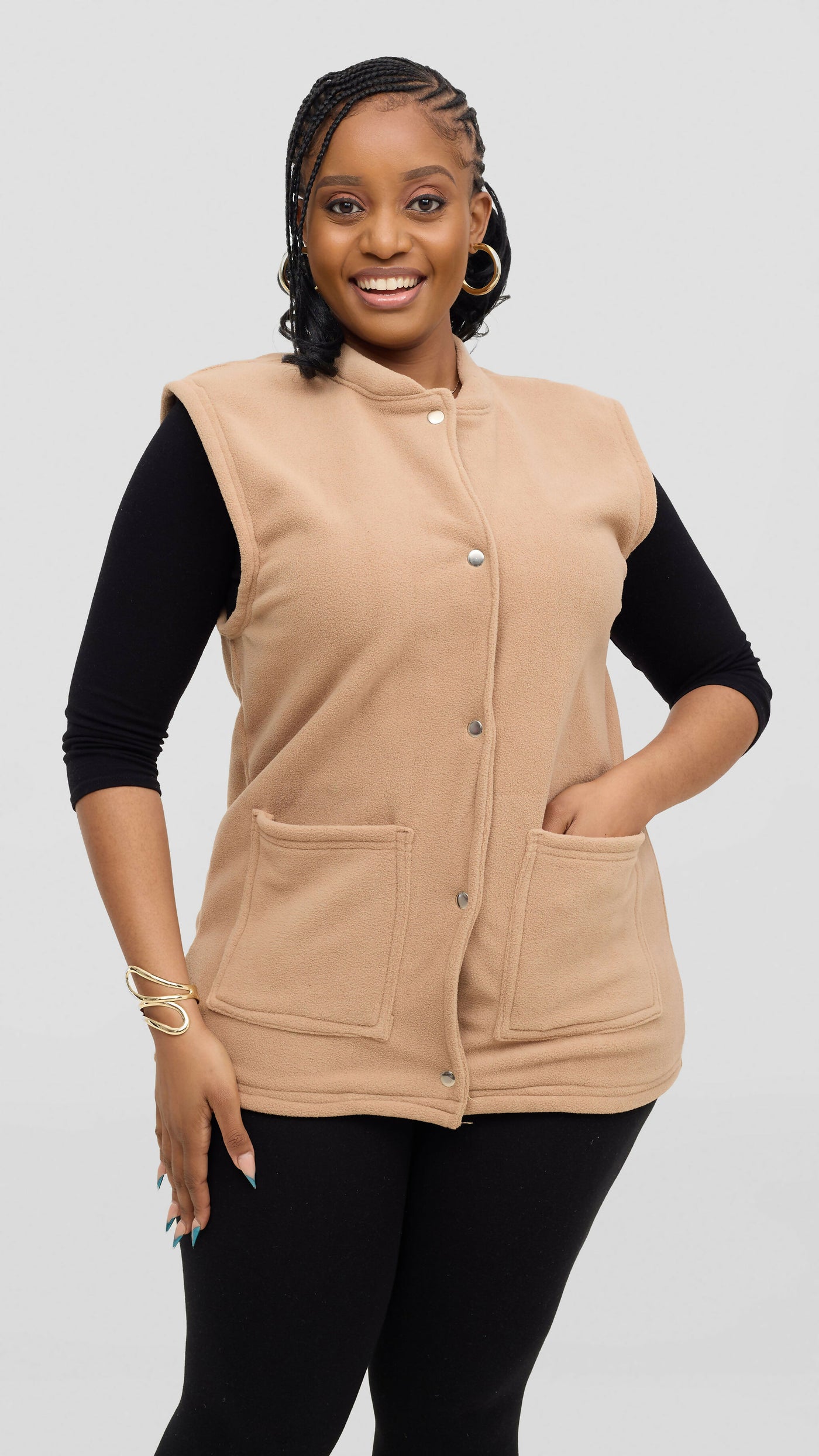 Timyt Urban Wear Fleece With Frontal Pockets & Press Button Sweater - Beige