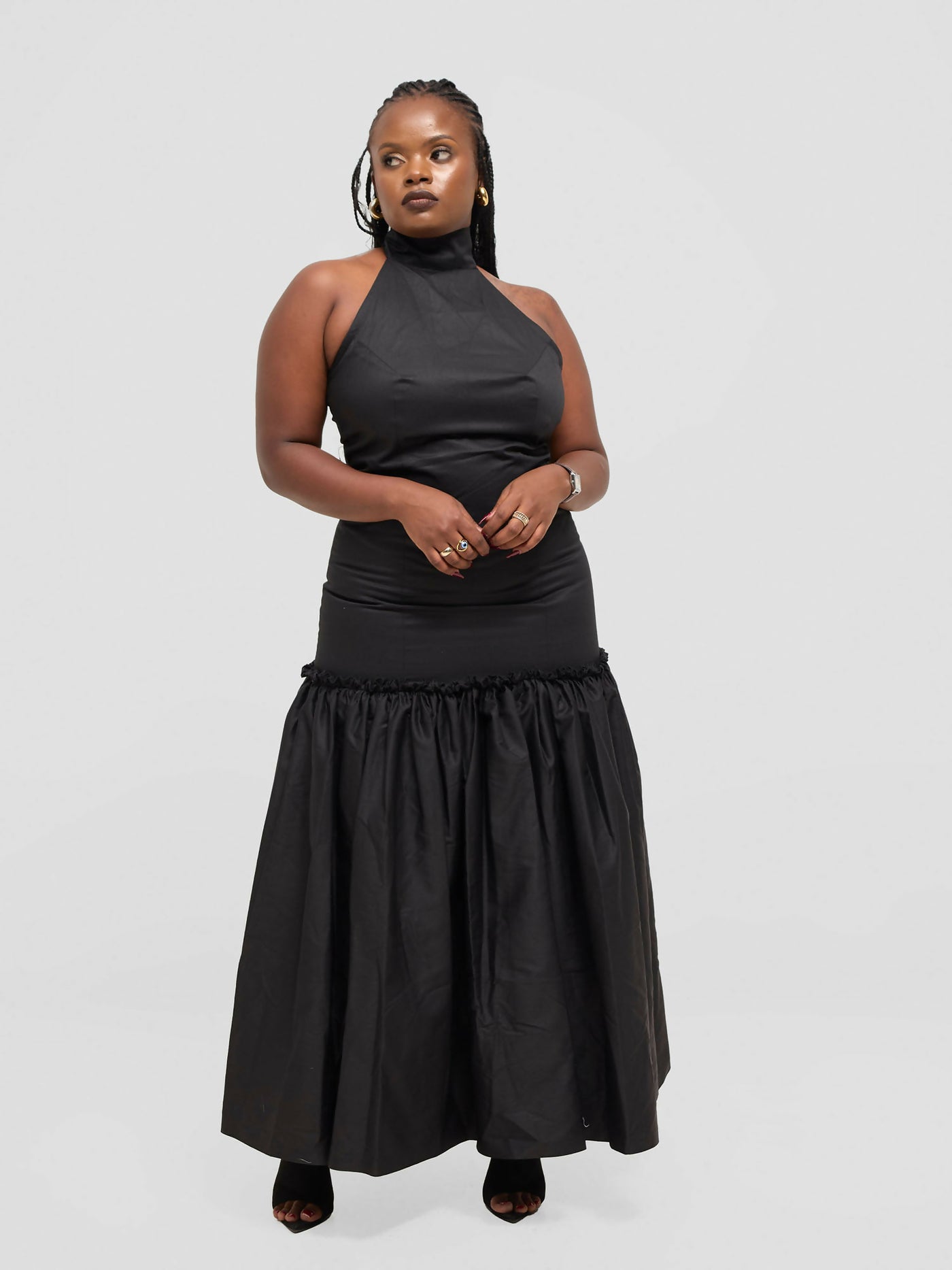 Pure Buxom Drop Waist Halter Dress Long - Black - Shopzetu