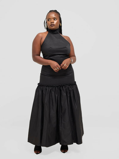 Pure Buxom Drop Waist Halter Dress Long - Black - Shopzetu