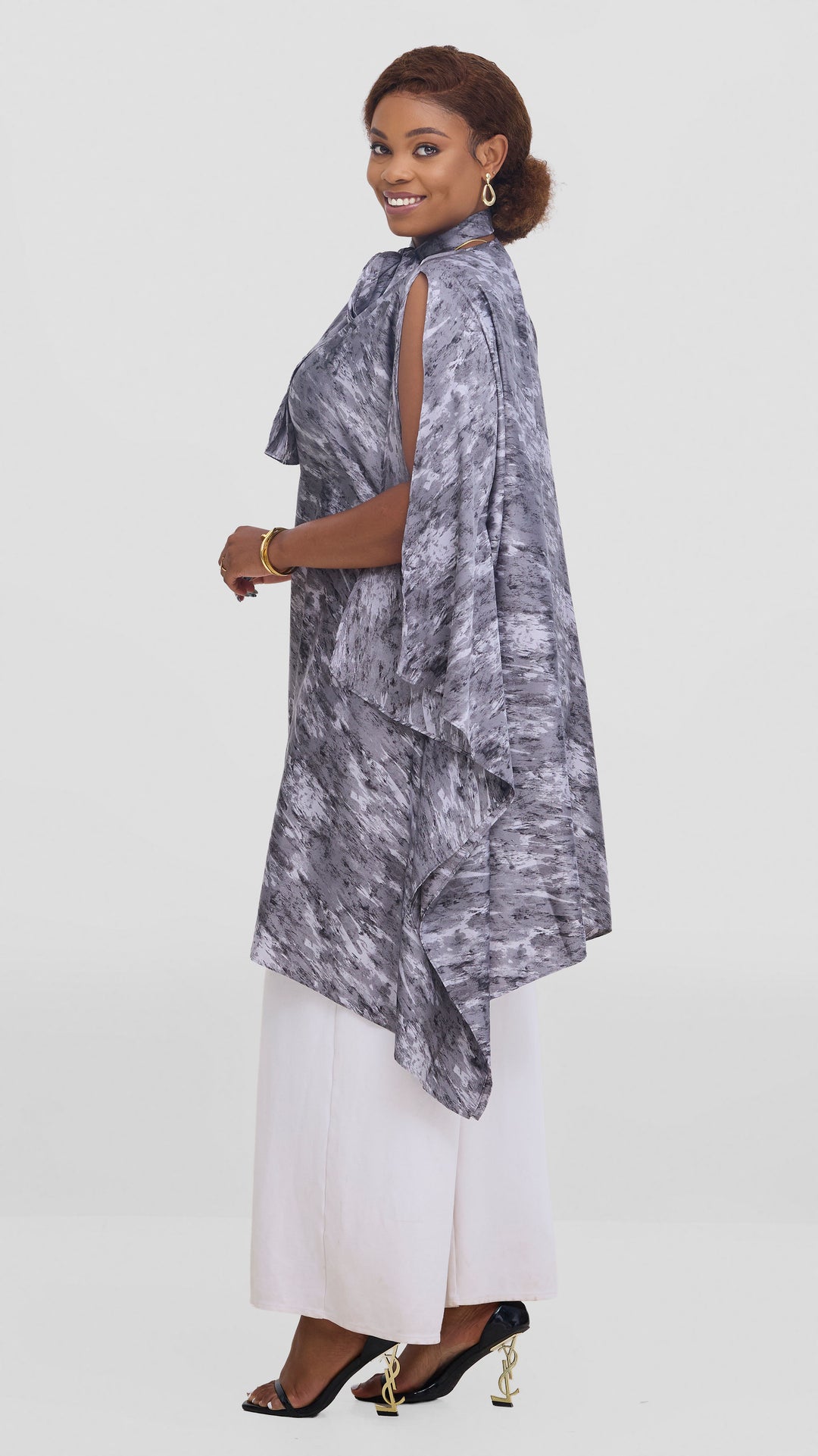 Vivo Knee Length Kaftan in Satin - Grey / White Print