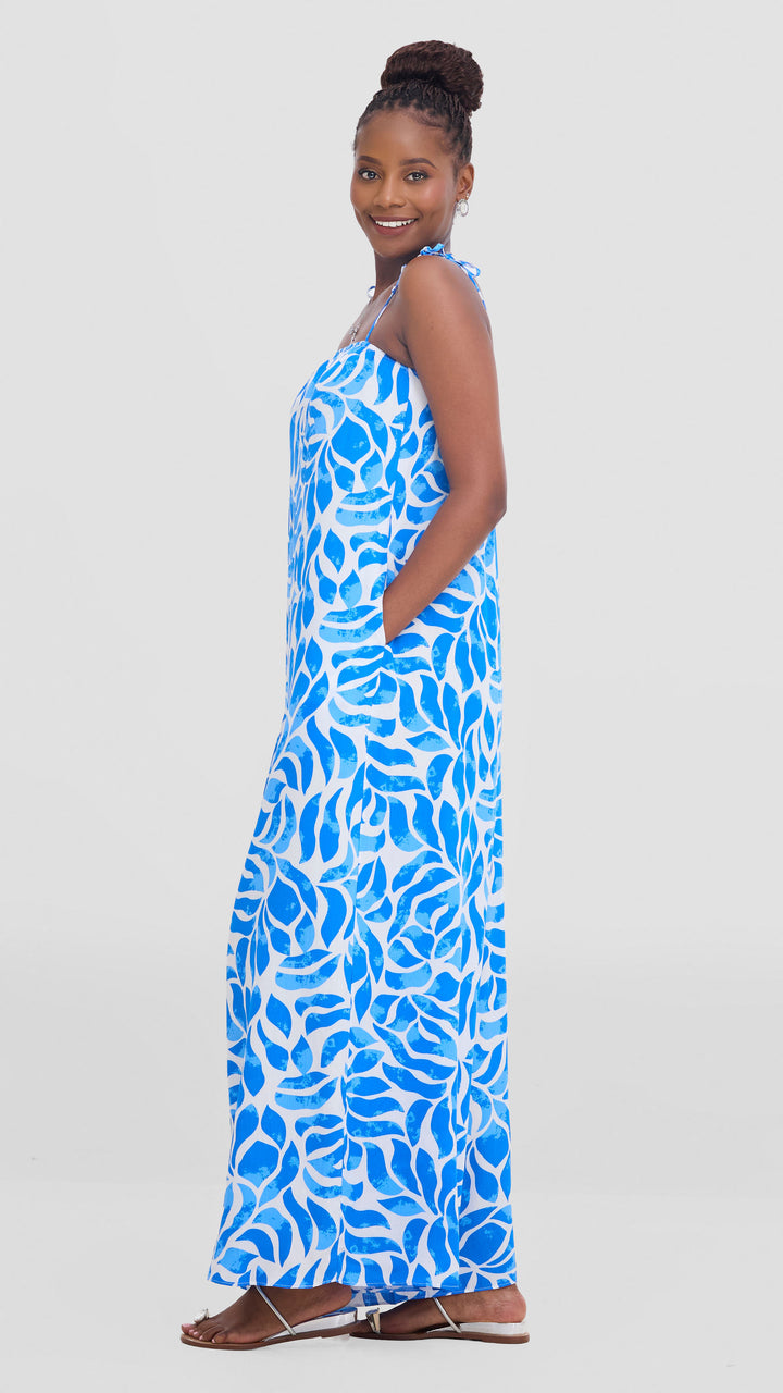 Vivo Maisha Strappy Cover Up Jumpsuit In Rayon - White / Blue Print