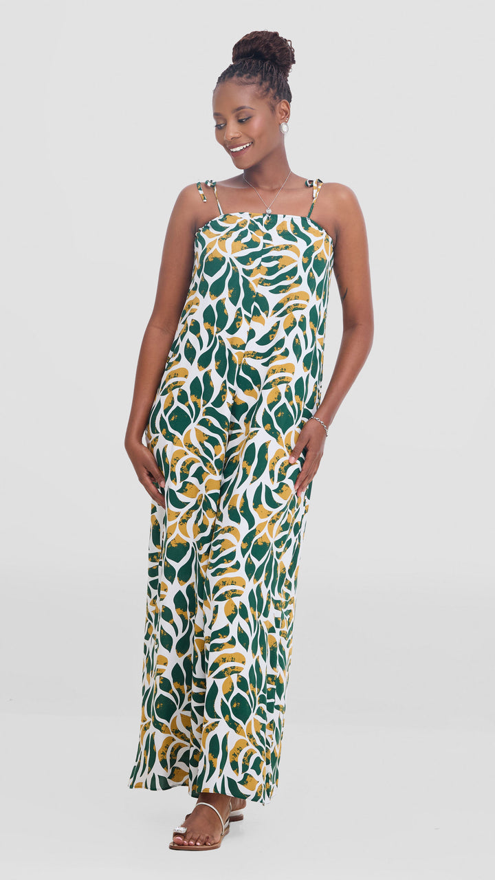 Vivo Maisha Strappy Cover Up Jumpsuit In Rayon - White / Dark Green Print