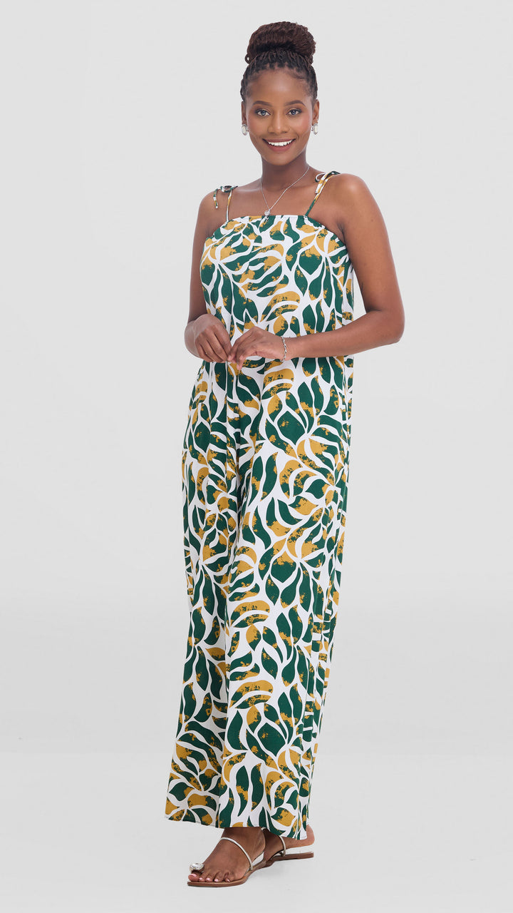 Vivo Maisha Strappy Cover Up Jumpsuit In Rayon - White / Dark Green Print