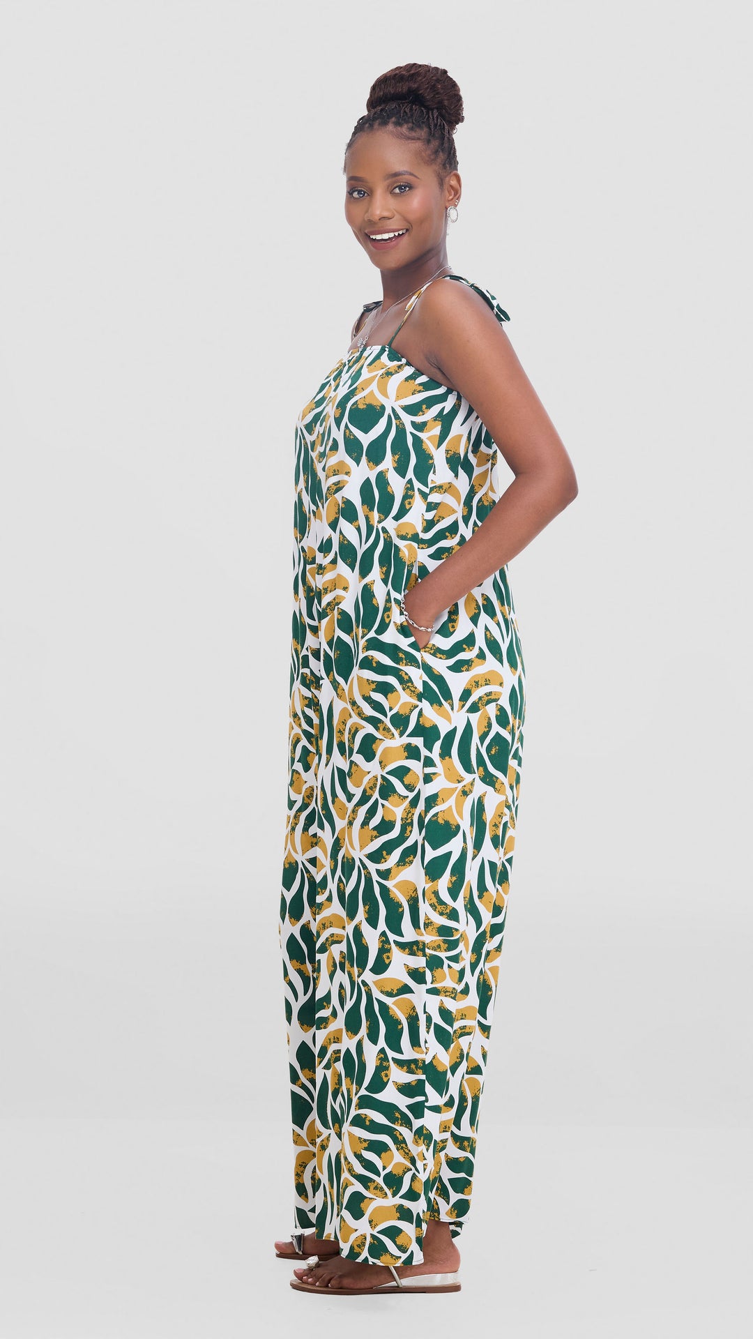 Vivo Maisha Strappy Cover Up Jumpsuit In Rayon - White / Dark Green Print