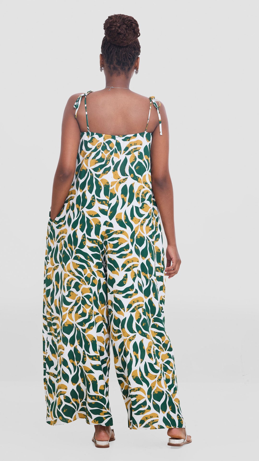 Vivo Maisha Strappy Cover Up Jumpsuit In Rayon - White / Dark Green Print