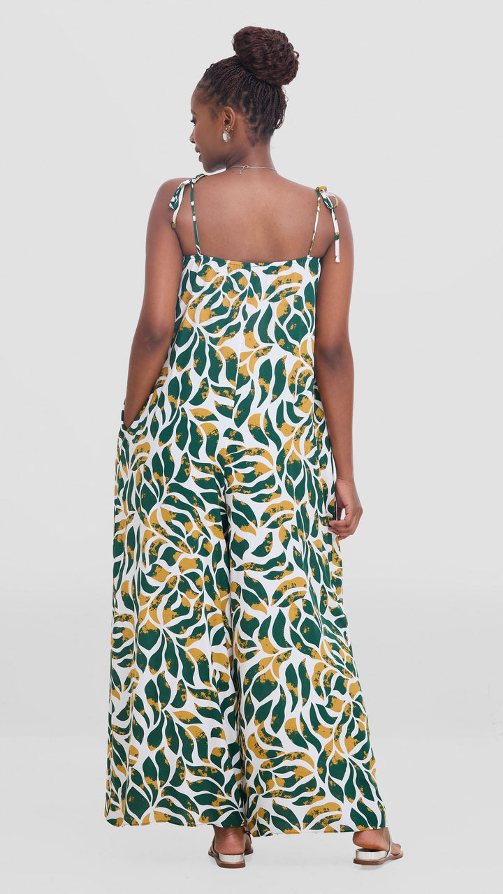 Vivo Maisha Strappy Cover Up Jumpsuit In Rayon - White / Dark Green Print