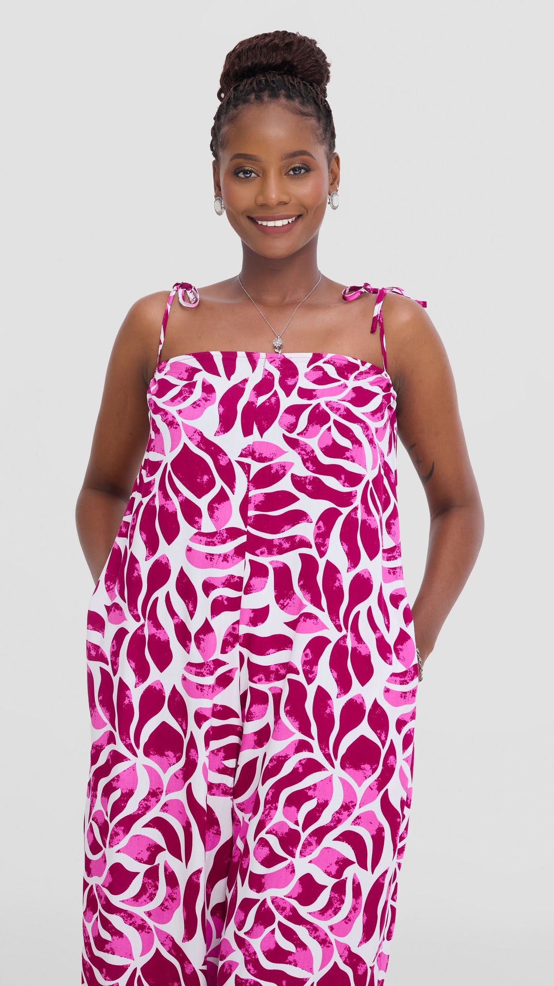 Vivo Maisha Strappy Cover Up Jumpsuit In Rayon - White / Pink Print
