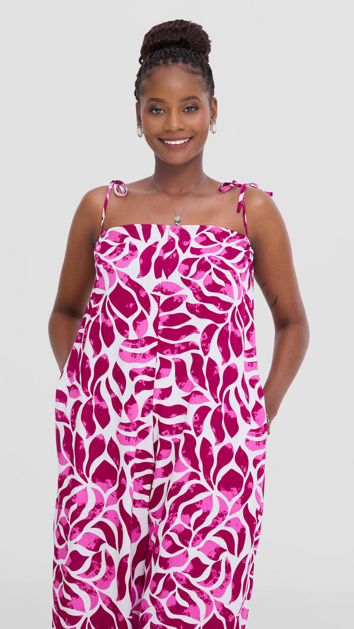 Vivo Maisha Strappy Cover Up Jumpsuit In Rayon - White / Pink Print