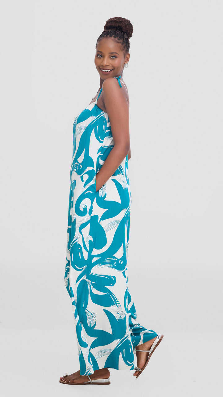 Vivo Maisha Strappy Cover Up Jumpsuit In Rayon - Teal / Off White Print