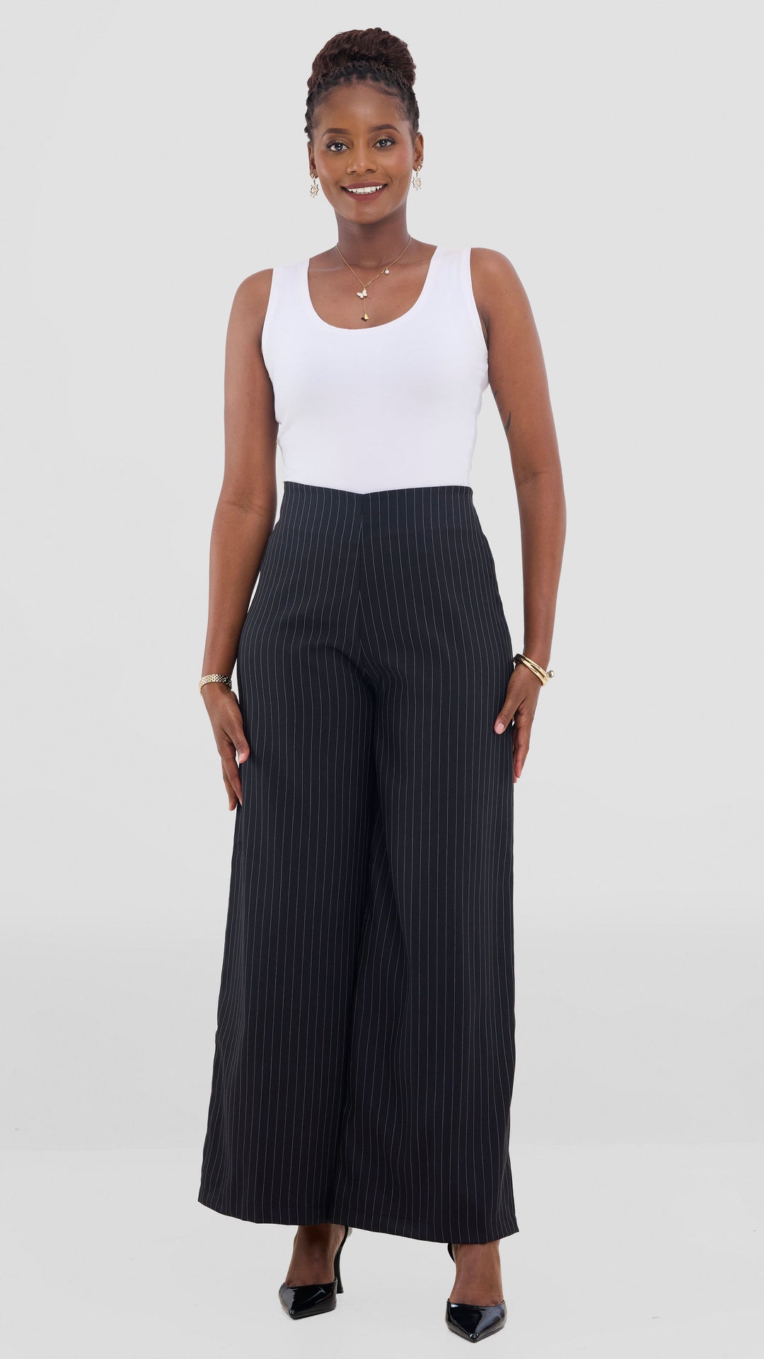 Vivo Studio Striped Pants In Crepe - Black Striped Print