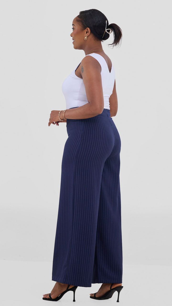 Vivo Studio Striped Pants In Crepe - Navy Striped Print