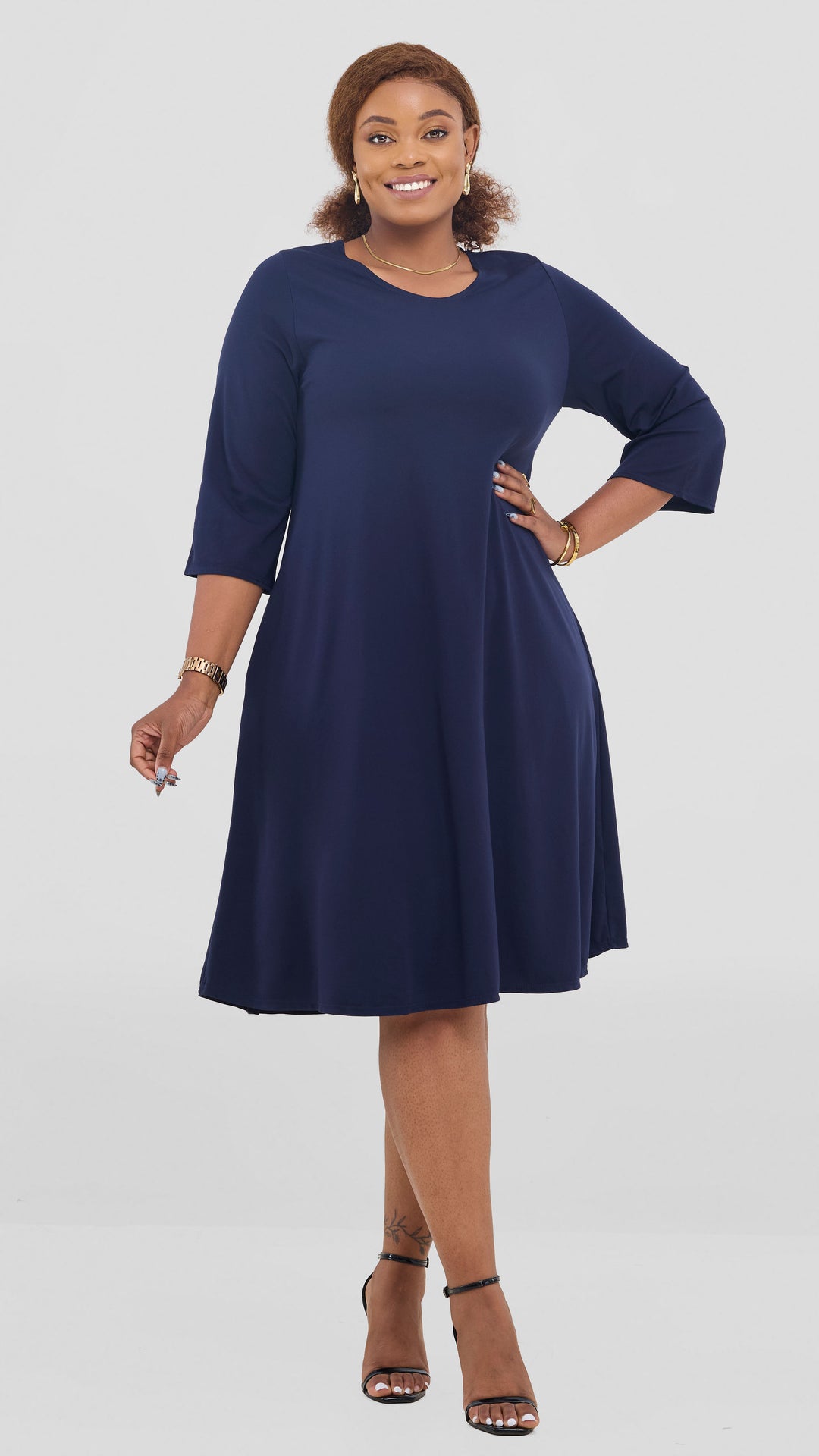 Vivo Basic 3/4 Sleeve Kena Tent Knee Length Dress - Navy Blue