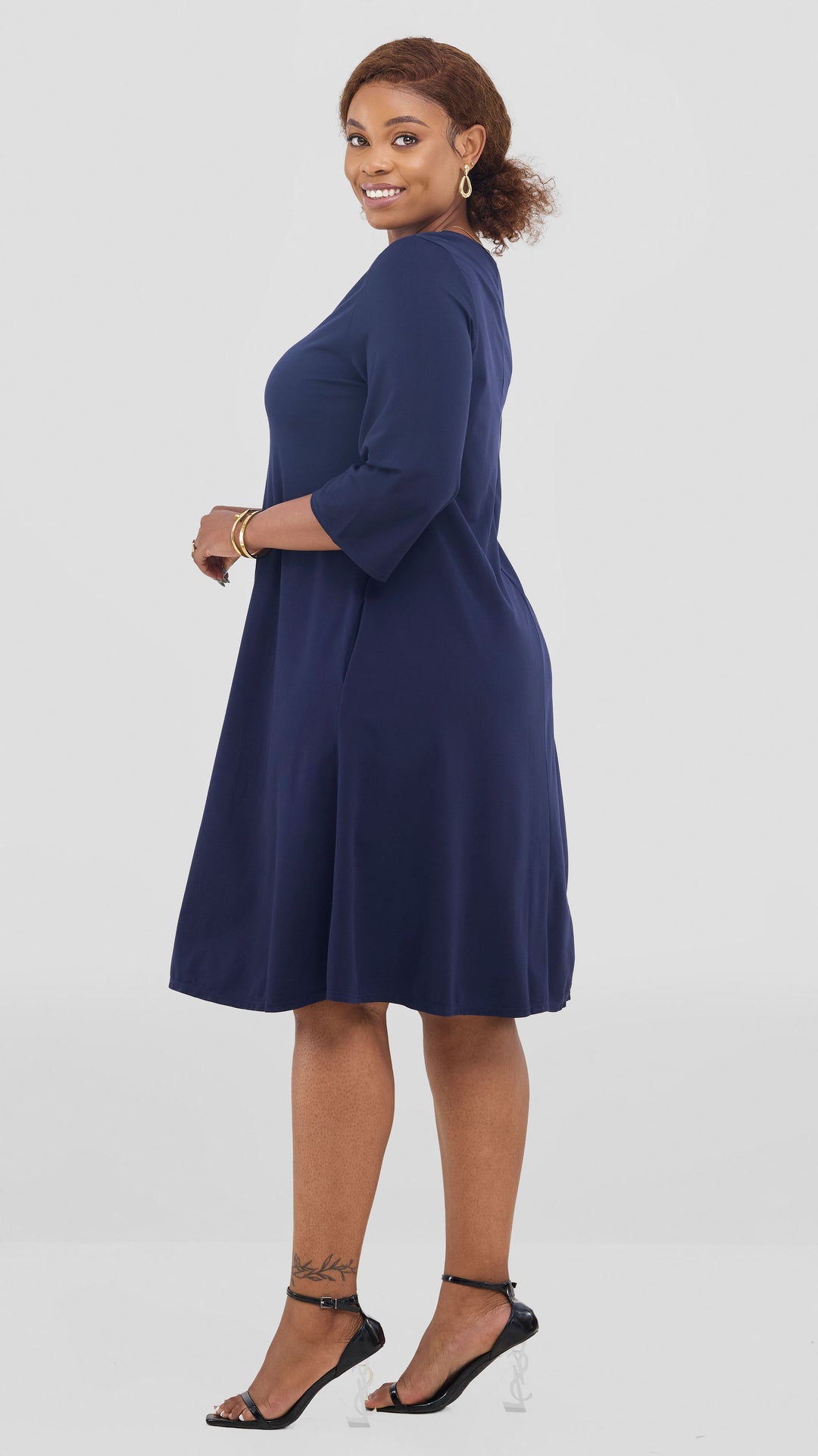 Vivo Basic 3/4 Sleeve Kena Tent Knee Length Dress - Navy Blue