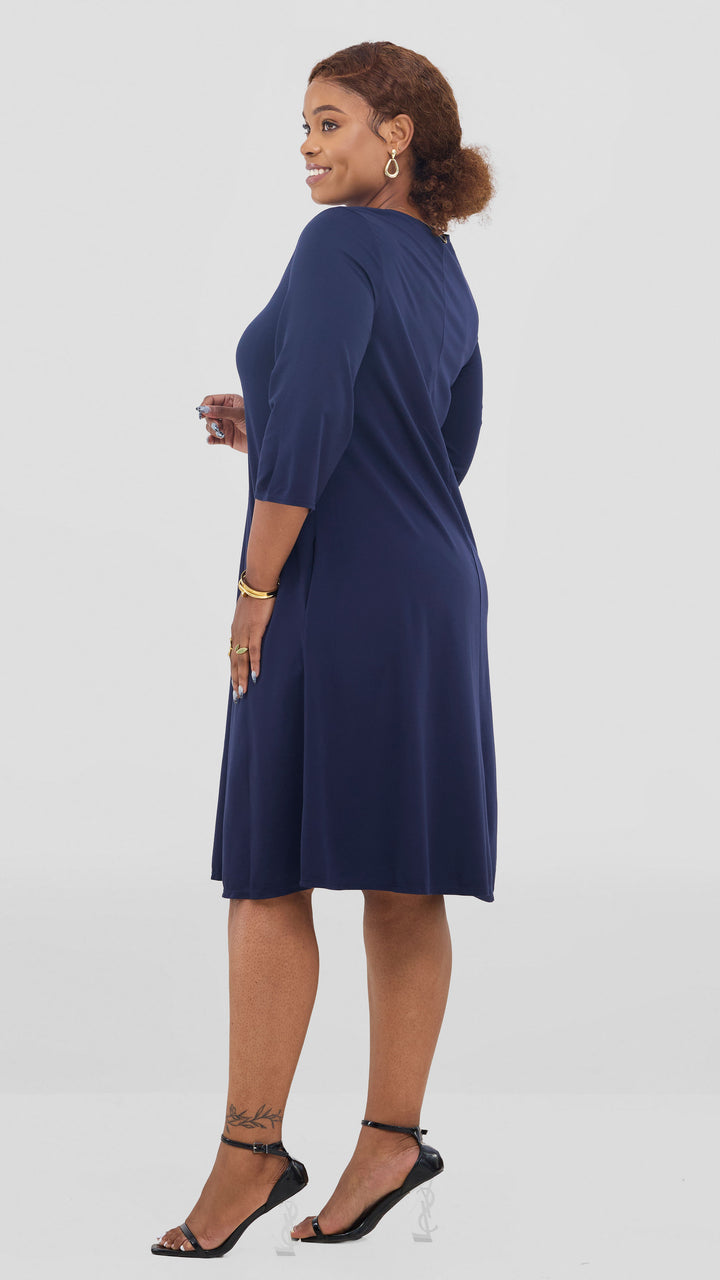 Vivo Basic 3/4 Sleeve Kena Tent Knee Length Dress - Navy Blue