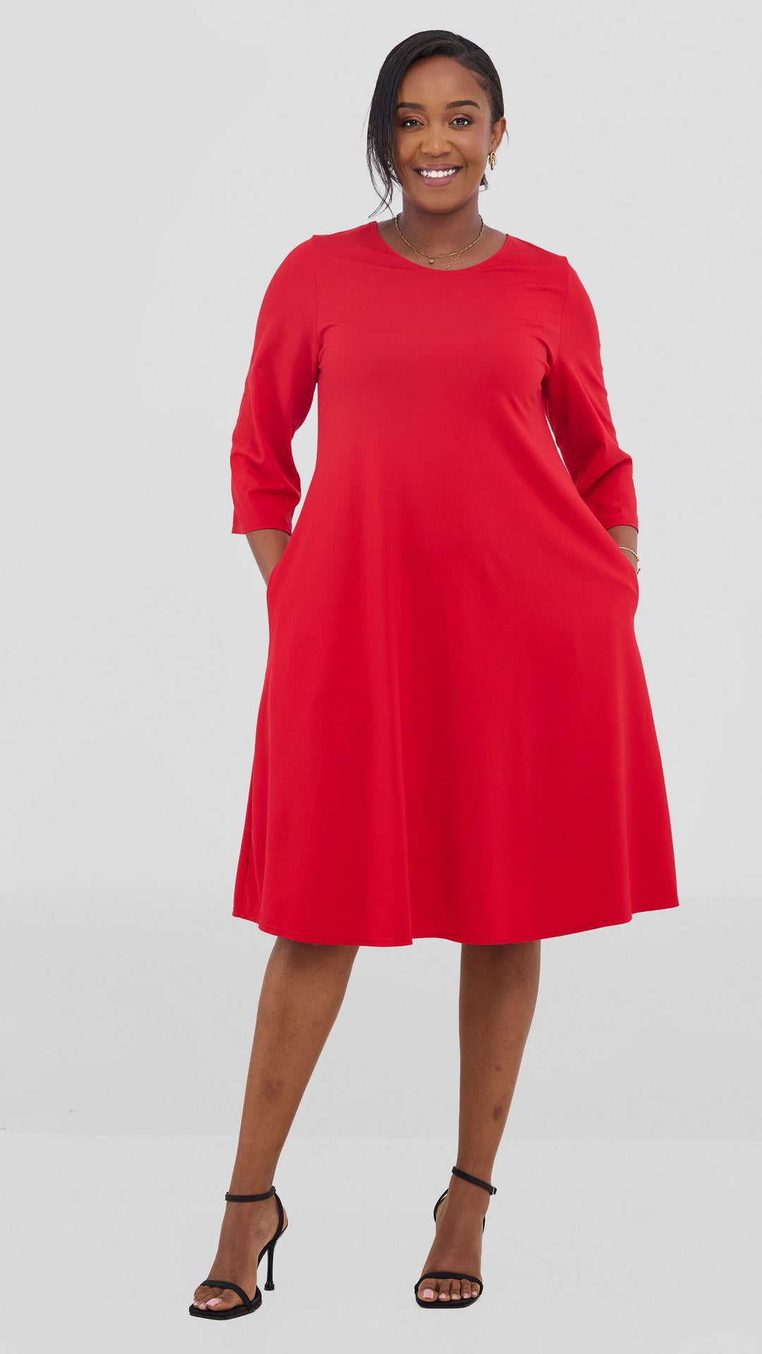 Vivo Basic 3/4 Sleeve Kena Tent Knee Length Dress - Red