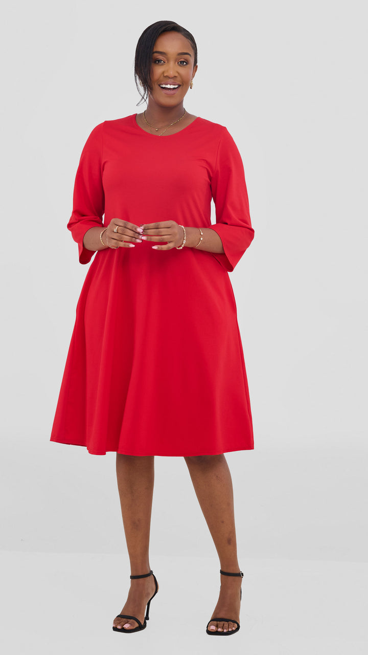 Vivo Basic 3/4 Sleeve Kena Tent Knee Length Dress - Red