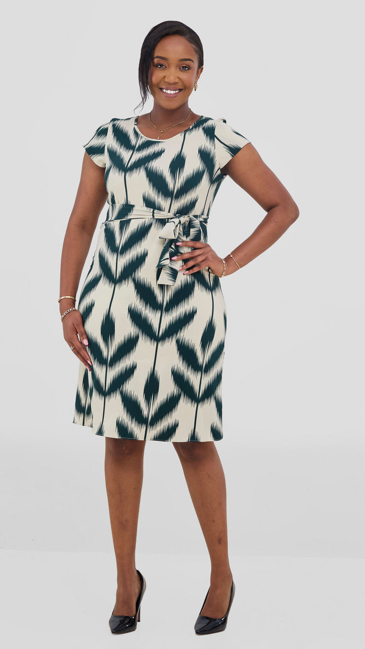 Vivo Muna Cap Sleeve Knee Length Dress - Dark Green / Cream Print