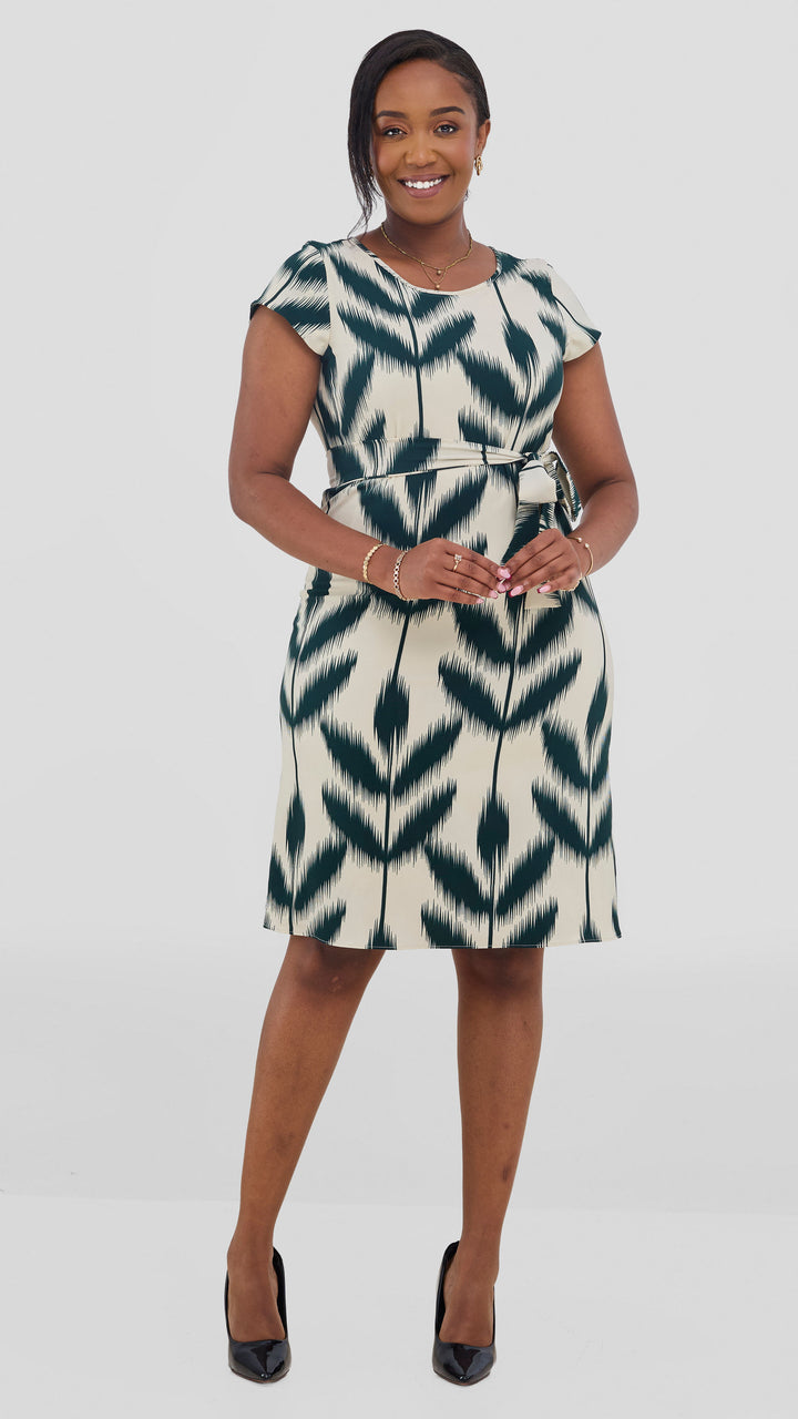 Vivo Muna Cap Sleeve Knee Length Dress - Dark Green / Cream Print
