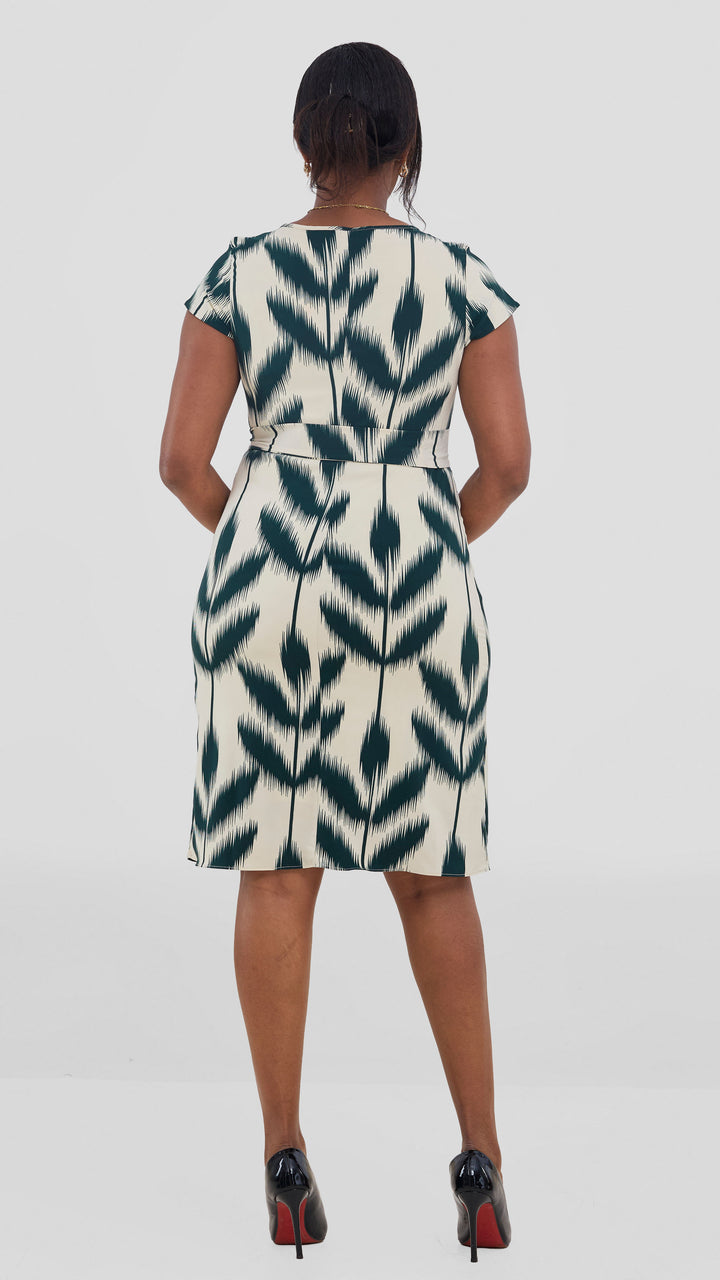 Vivo Muna Cap Sleeve Knee Length Dress - Dark Green / Cream Print