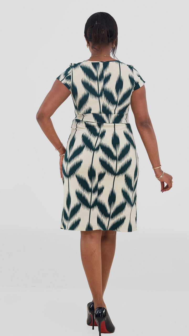 Vivo Muna Cap Sleeve Knee Length Dress - Dark Green / Cream Print