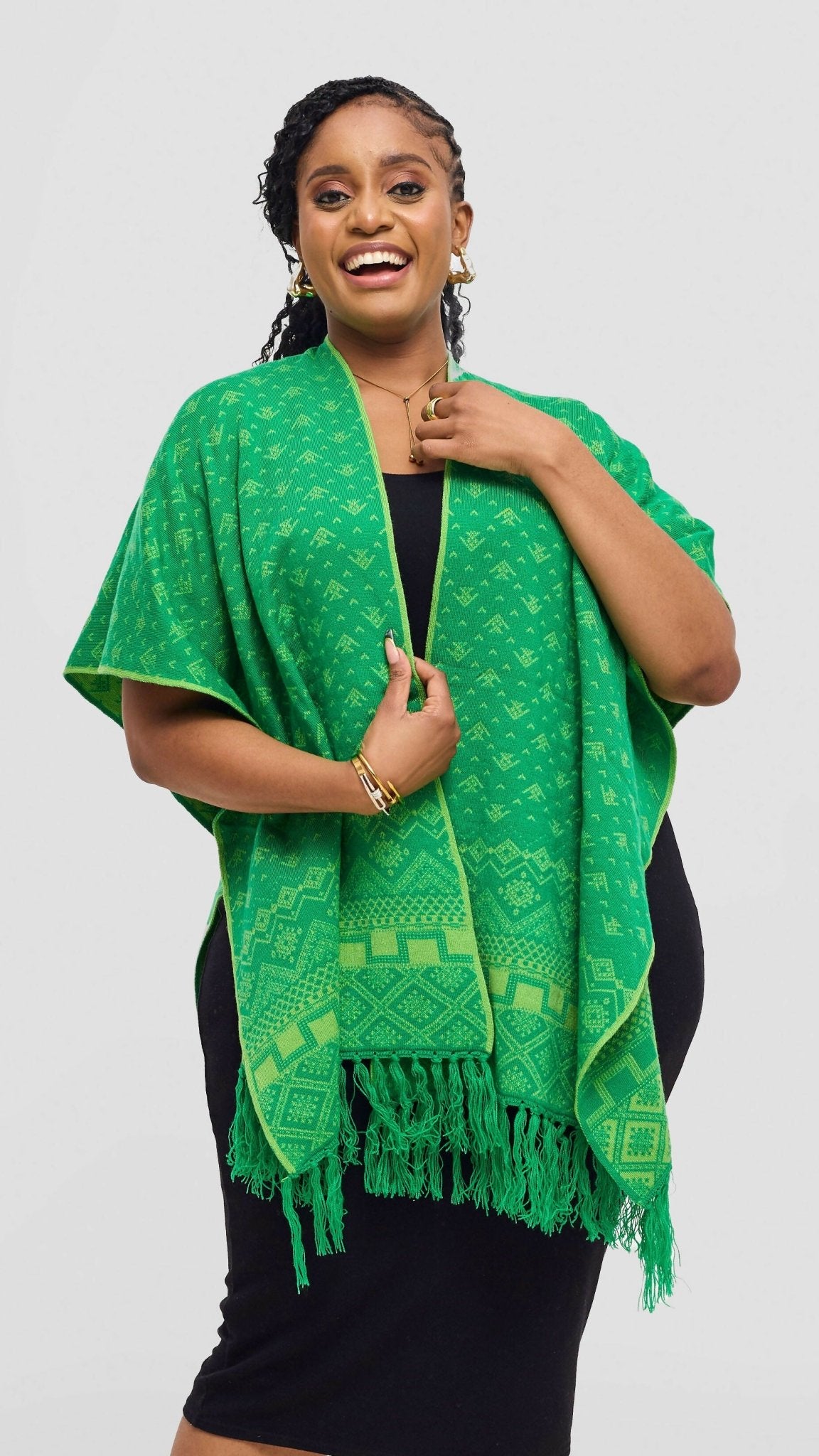 Inroses Deligh Reversible Print Poncho Shawl - Green / Mustard - Shopzetu