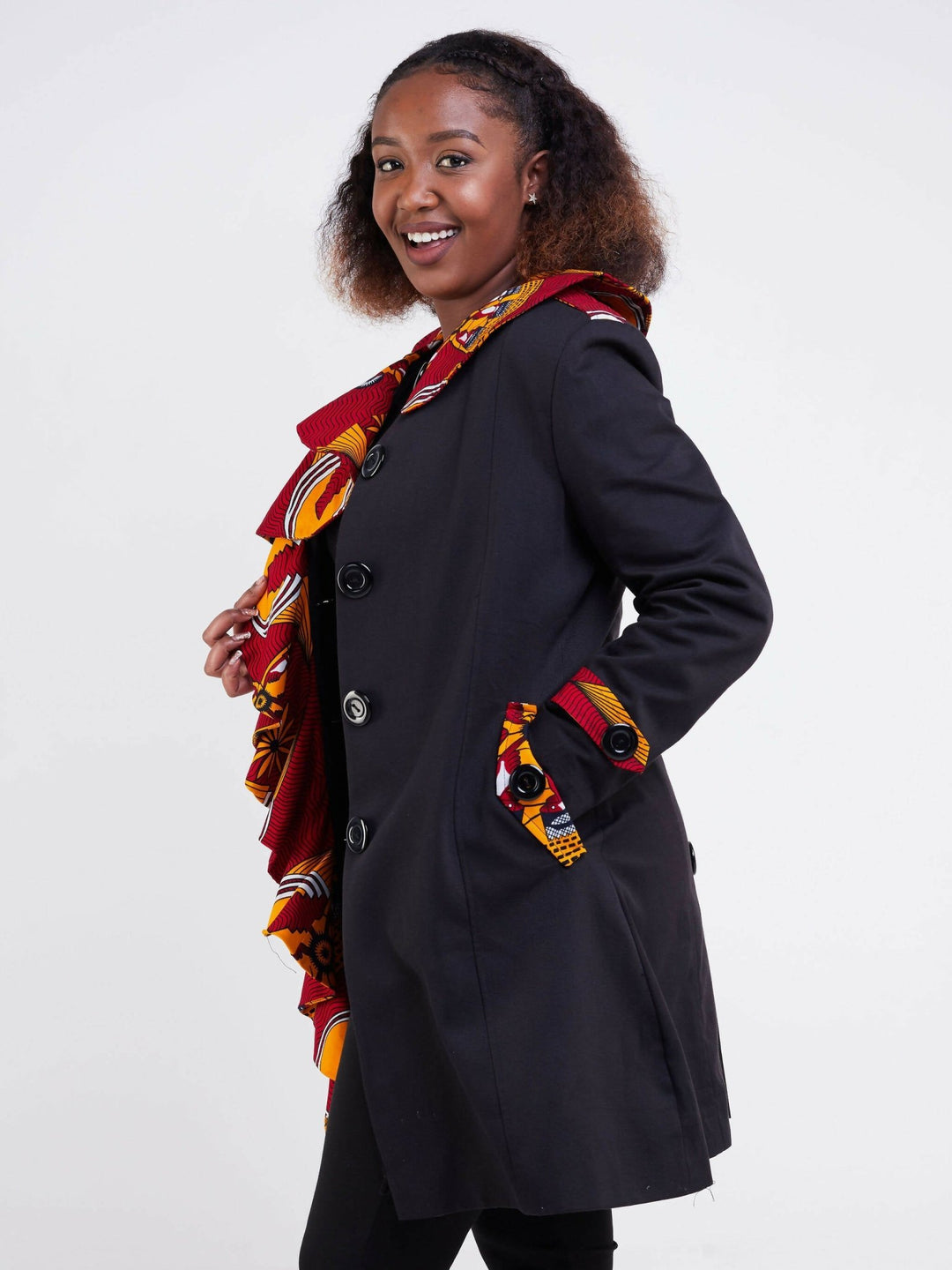 Liliadly Red flower Ankara Print Trench Coat - Black - Shopzetu