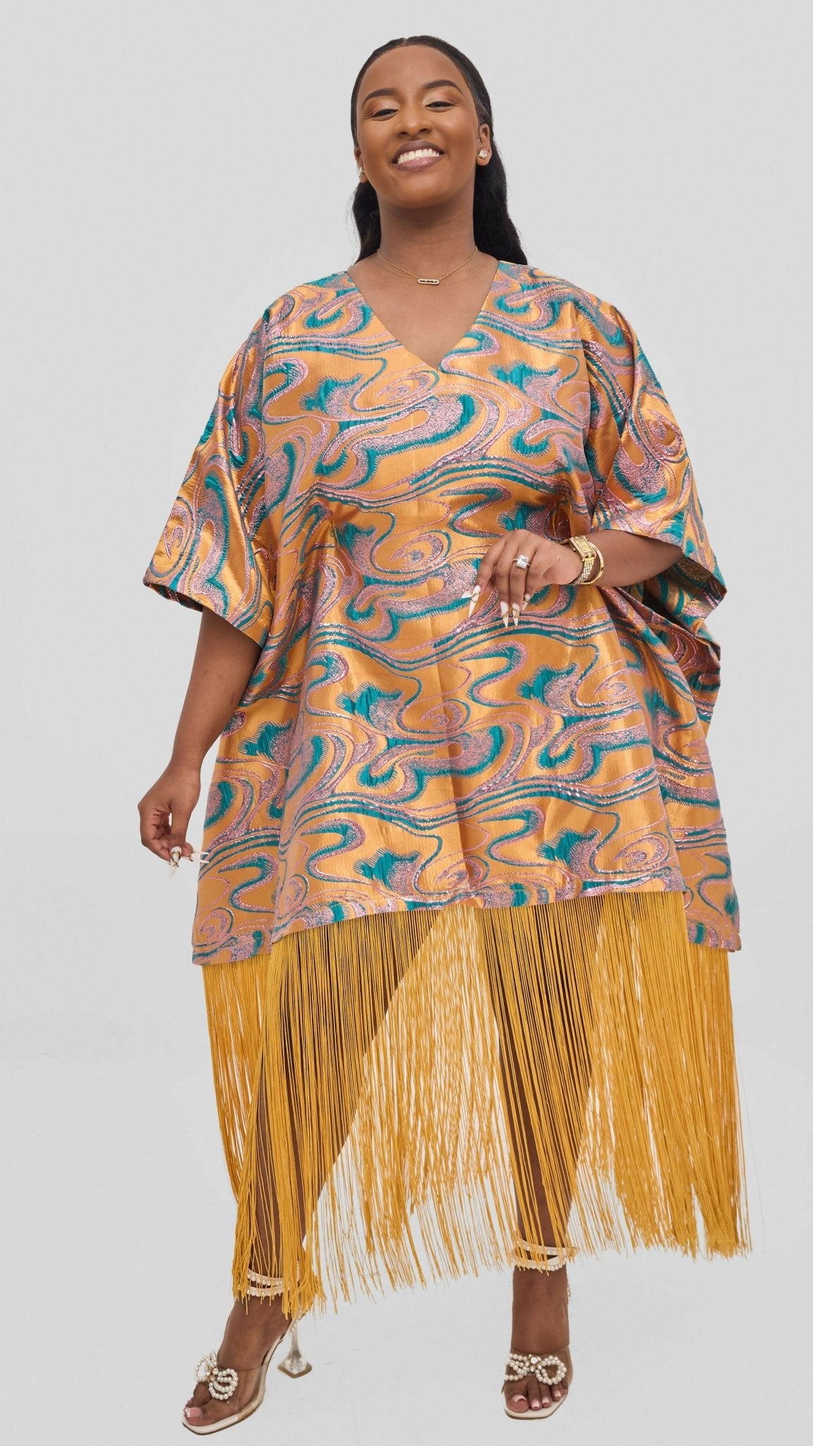 Hats And More Glamour Fringe Hem Tunic Dress – Orange / Teal Print - Shopzetu