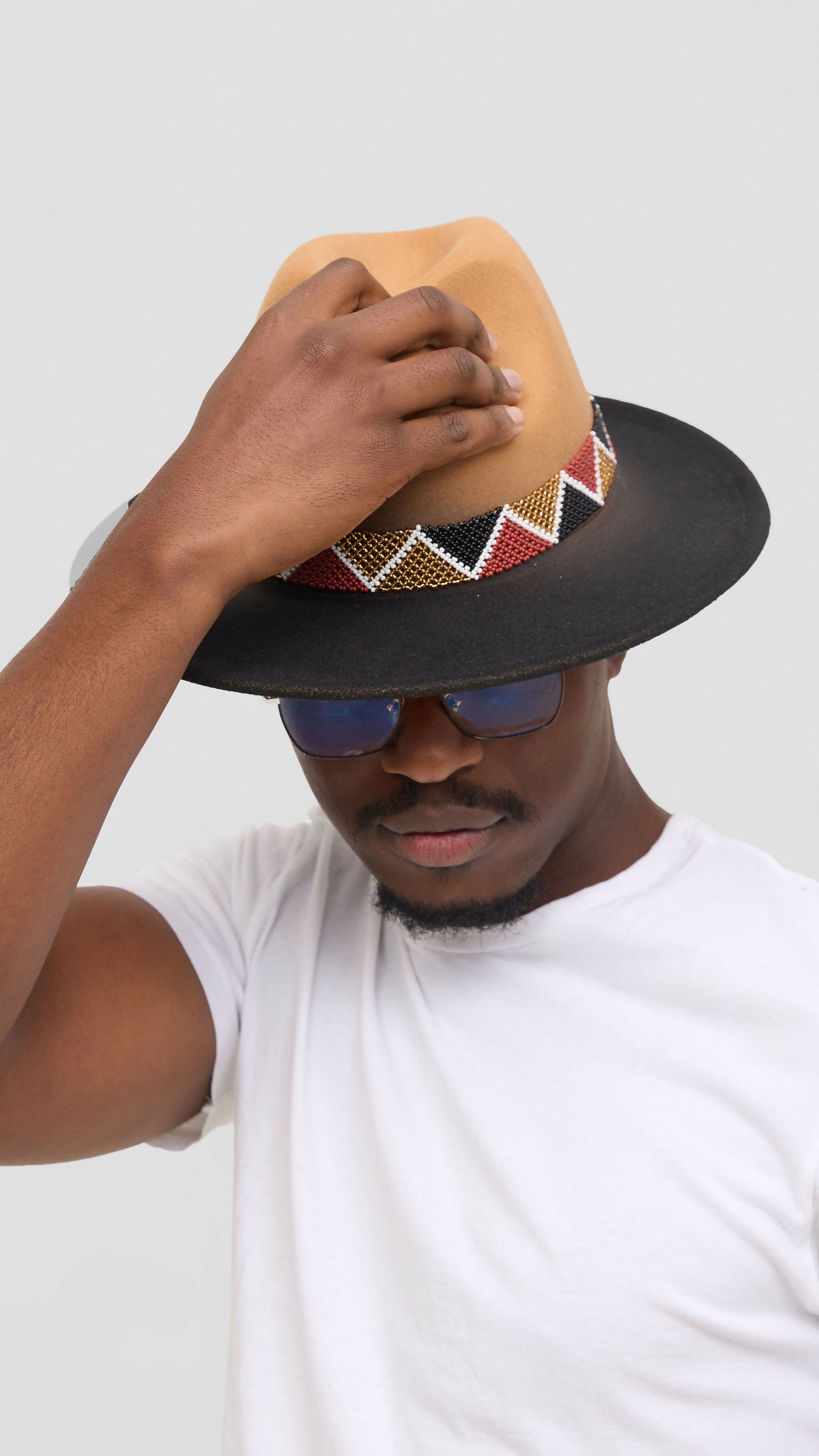 Umbo Collections Double Beaded Fedora Hat - Beige