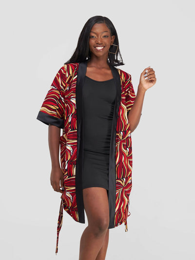 Kafoina Kimono - Red / Yellow Print - Shopzetu