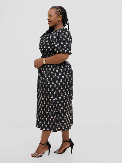 Hessed Floral Puff Short Sleeve A Line Round Neck Dress - Black - Shopzetu