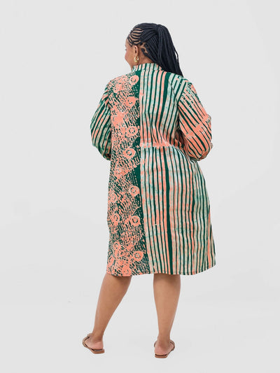 Vivid Afrikana Zinduka Zipper Dress - Green / Peach - Shopzetu