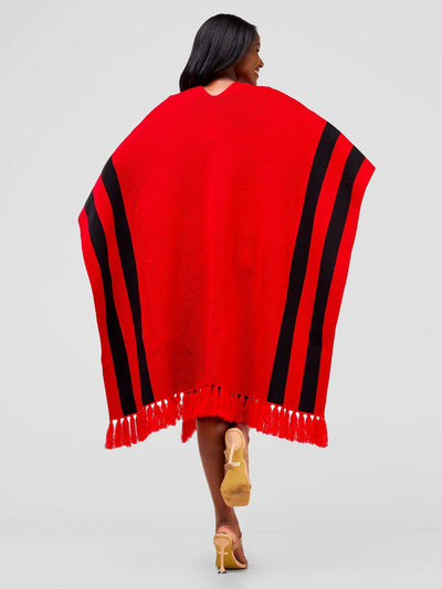 Anel's Knitwear Stari Fringe Poncho - Red / Black - Shopzetu