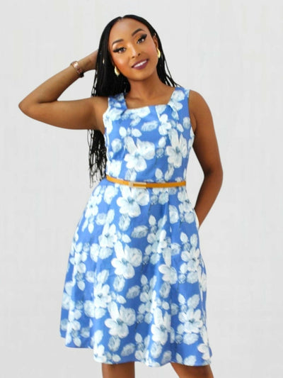 The Fashion Frenzy Belted Floral Skater Dress - Blue / White - Shopzetu