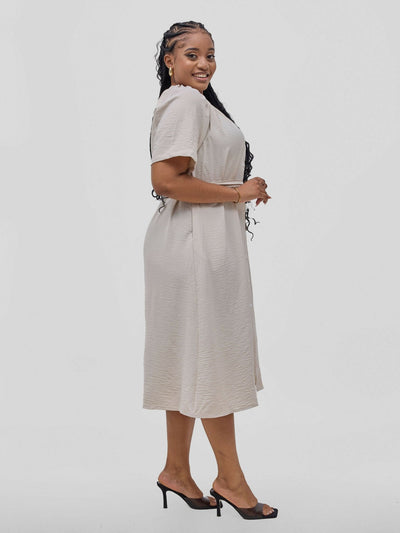 Hessed Long Buttoned Short Sleeve Dress - Cream / White - Shopzetu