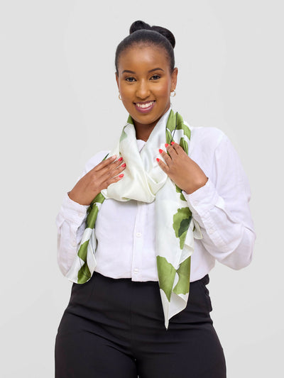 Ukiyo Lifestyle Silk Leaf Print Scarf - White - Shopzetu