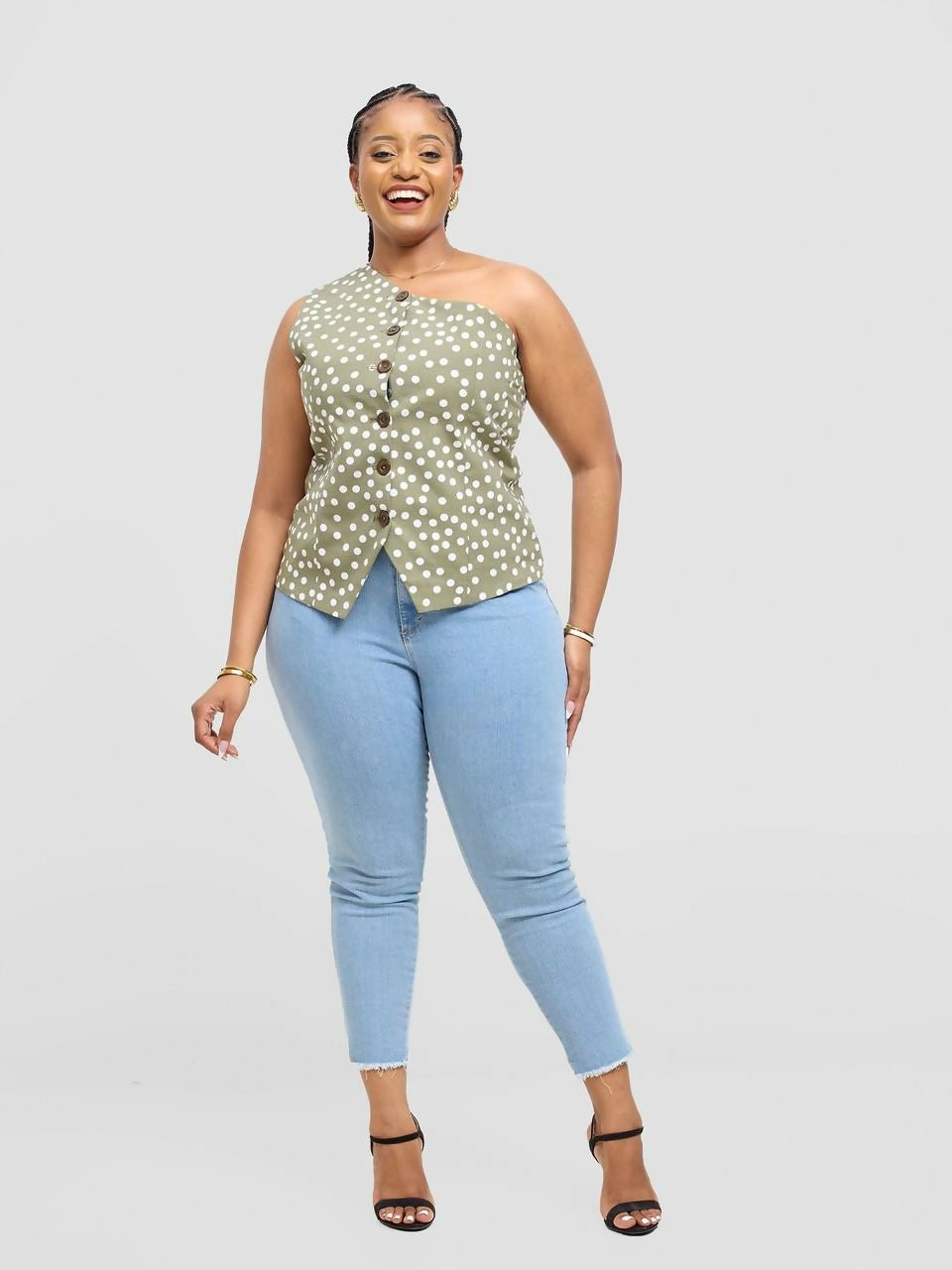 Pure Buxom Polka One Shoulder Vest Top - Green - Shopzetu