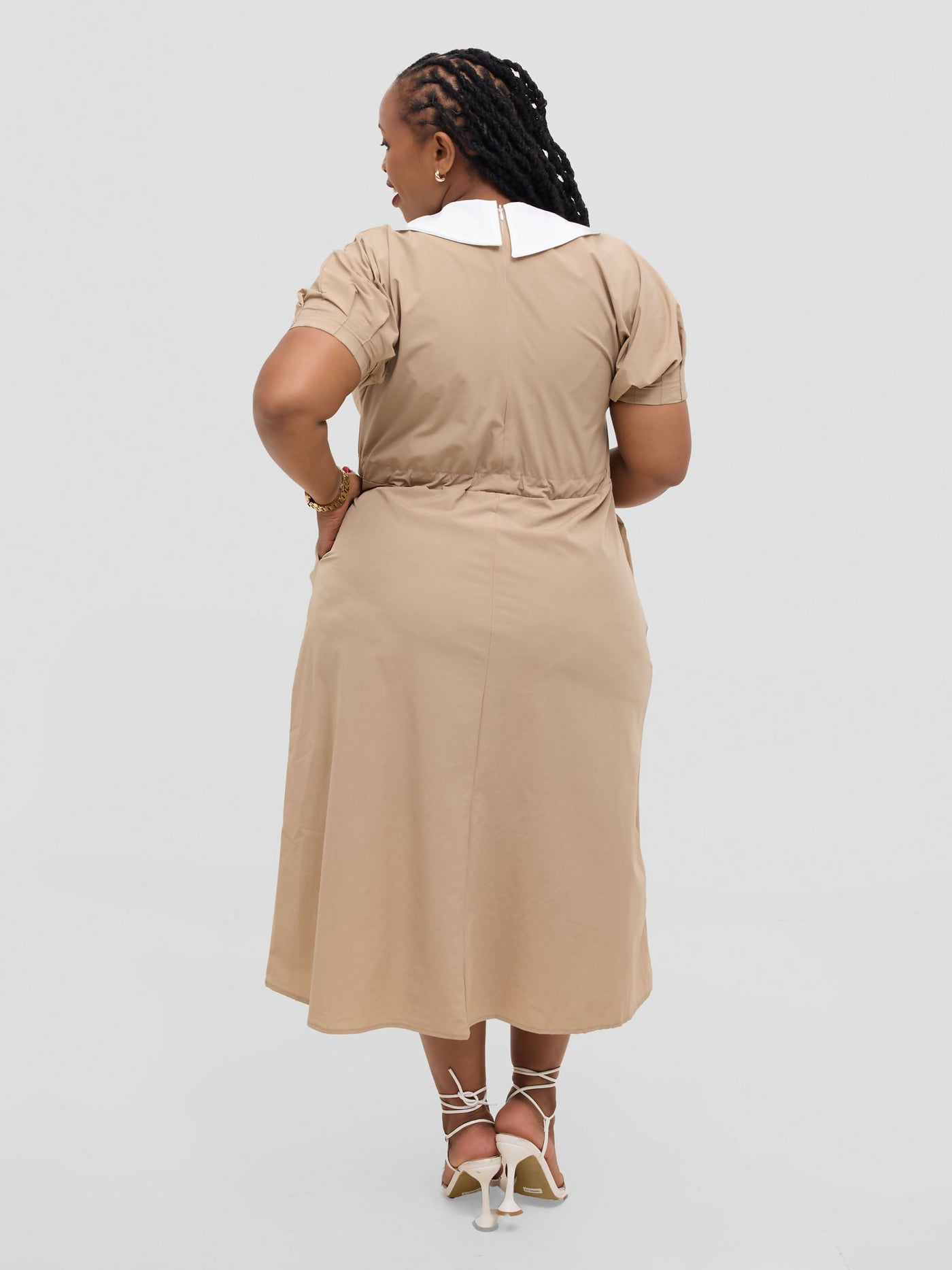 Hessed Peter Pan Collar Drawstring Midi Dress - Beige - Shopzetu