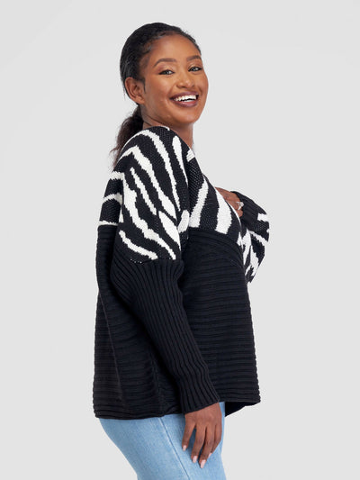 The Fashion Frenzy Zebra Print Sweater Top - Black - Shopzetu